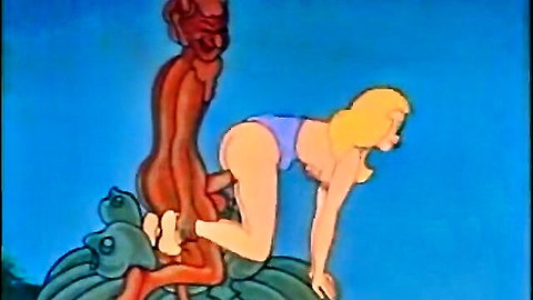 Red devil demon grabbing blonde babe's hips in purple bikini bent over doggy style hentai