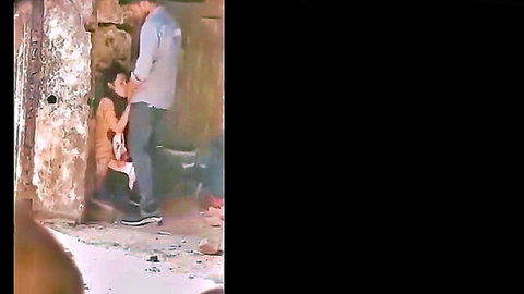 Tamil Indian woman kneeling for outdoor oral sex in ruins