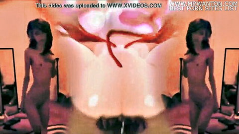 Nude Asian woman teasing in mirror with glowing pink effects