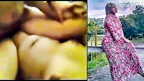 Plump Indonesian wife in pink floral dress outdoor sex closeup