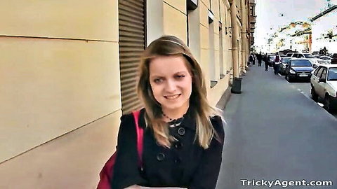Blue-eyed babe Alena shy smile on street in Tricky Agent