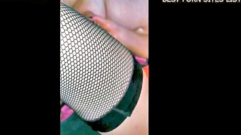 Close-up of woman in fishnet stockings, intimate touch on thigh, anal and vaginal threesome scene