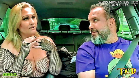 Andressa Sanchez blonde bombshell teases big tits in mesh top during car ride
