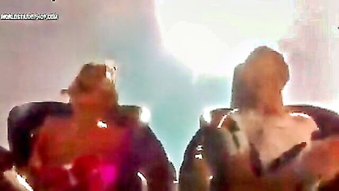 Two busty blondes braless on rollercoaster, excited thrill ride