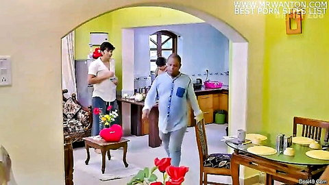 Desi Indian couple and woman in kitchen tease, amateur foreplay