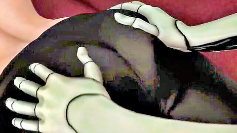 Skeleton hands groping curvy woman's neck and ass in black dress