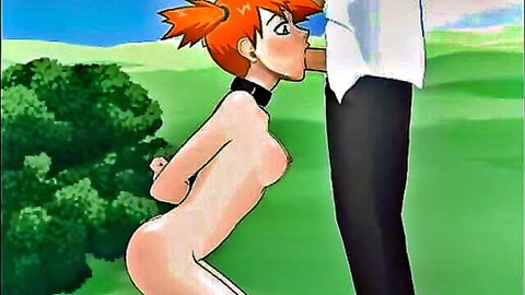 Animated orange-haired anime girl naked with choker giving blowjob to suited man outdoors