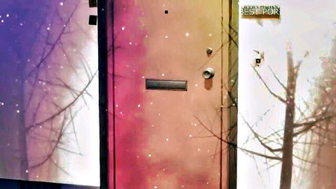 Liru wolf girl artistic door scene, mysterious pink entrance with forest vibes