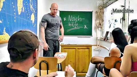 Tattooed teacher lectures busty Asian schoolgirls in uniforms and stockings