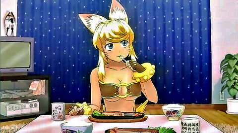 Blonde anime fox girl Liru in skimpy bikini eating sushi seductively
