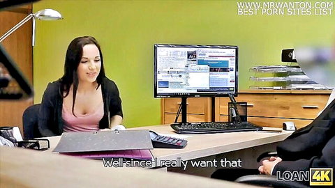 Brunette with cleavage in pink top flirts desperately for loan in office interview