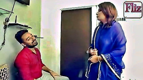 Desi Indian bhabhi in blue saree chatting with boss in red shirt