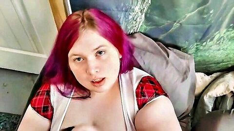 Pink-haired BBW with huge tits exposes massive bare breasts in open plaid shirt