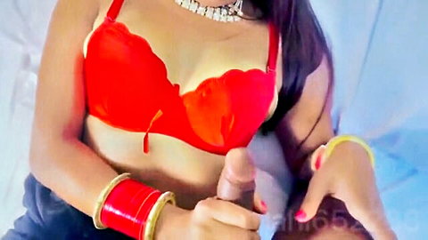 Hot Indian wife in red bra giving handjob to cock, office boss fantasy