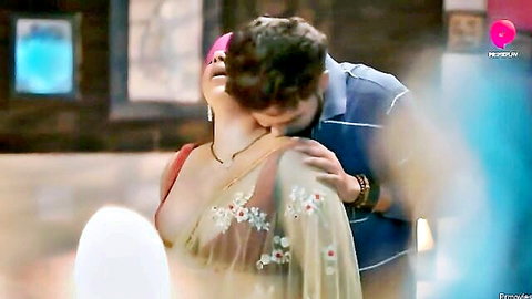 Indian beauty in red saree passionately kissed on neck by lover