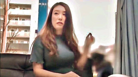 Japanese amateur beauty in green dress gesturing in 10musume JAV scene