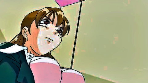 Hentai anime schoolgirl with big tits in green uniform and pink bra