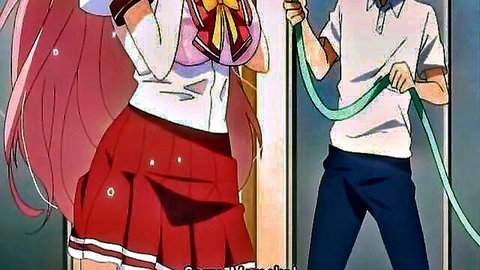 Pink-haired anime schoolgirl in uniform playfully holds hose with boy in Imouto Paradise hentai