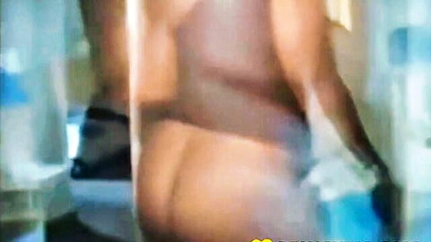 Thick ebony babe's big juicy ass naked behind steamy shower glass