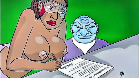 Curvy ebony babe with massive bare tits signs contract topless with blue alien monster