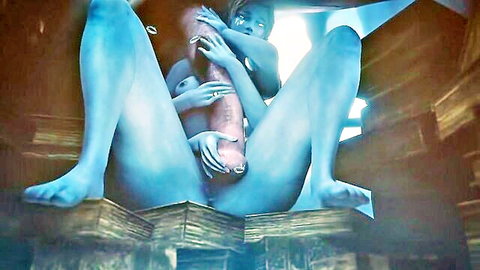 Hentai blue-skinned monster girl grips massive erect cock emerging from her hairy pussy
