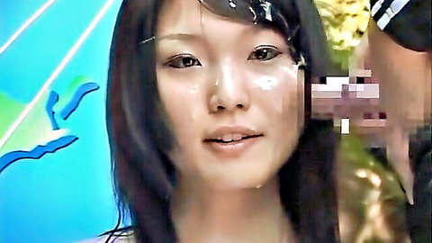 Japanese JAV bukkake news parody: Asian beauty with cum-covered face in weather forecast