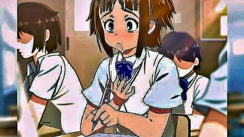 Cute anime schoolgirl in uniform at desk, hentai classroom scene