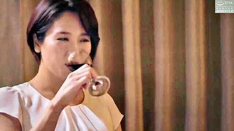 Haruka Nogi sips wine elegantly in white off-shoulder top, JAV mature wife scene