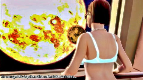 3D hentai brunette in white bikini gazing at cosmic sun in alien encounter preview