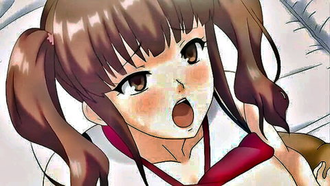Anime schoolgirl with big tits and pigtails moaning in hentai scene