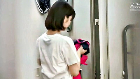 Sumire Kuramoto as soccer manager in white t-shirt holding pink lingerie JAV tease