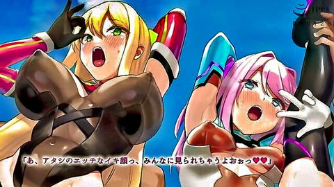 Hentai superheroine sisters in skimpy costumes, ahegao faces, big tits teasing