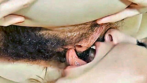 Close-up of man licking woman's hairy wet pussy in facesitting