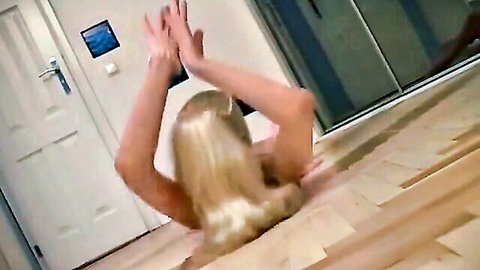 Slim flexible blonde ballerina in arched naked pose during group fuck