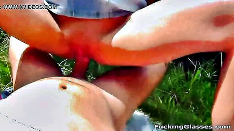 Skinny glasses teen's shaved pussy stretched by thick cock in outdoor cowgirl POV fuck
