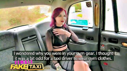 Busty purple-haired woman in sheer top and skirt in Female Fake Taxi