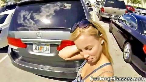 Krystal Banks teasing with cleavage in parking lot by Honda van
