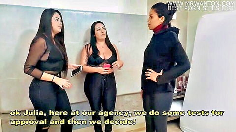 Three curvy brunettes in sexy lingerie chatting at casting agency