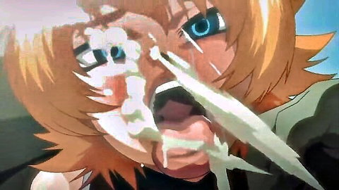 Taimanin Asagi hentai facial cumshot with orange-haired anime girl