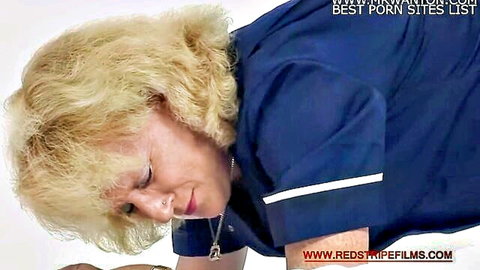 Blonde mature nurse in uniform on all fours, ready for bare bottom spanking