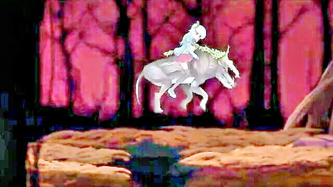 White-haired anime girl riding two-headed monstrous beast in enchanted forest