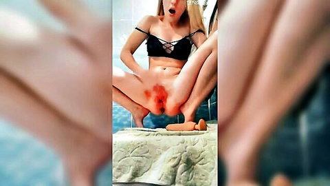 Blonde amateur in lingerie masturbating with dildo, powerful squirting solo