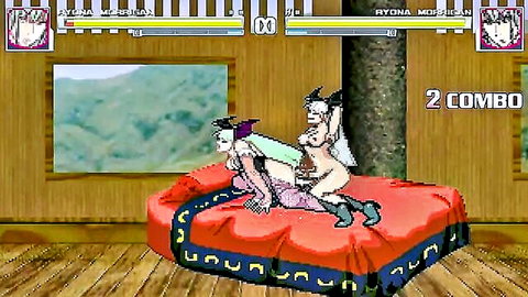 Hentai demon girl with horns tribbing wet pussy on busty blonde babe in lesbian sex combo on bed