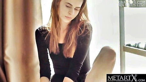 Redhead ballerina in black top, sensual warm-up pose in sunlight