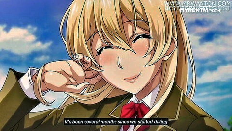 Blonde hentai schoolgirl in uniform smiling playfully outdoors