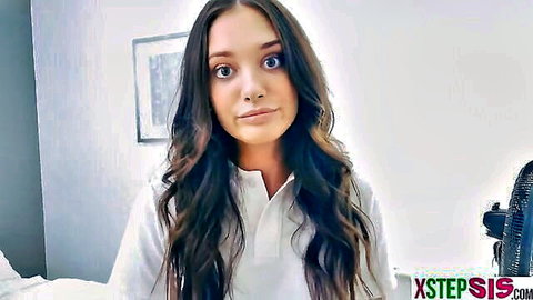 Gia Paige as angry stepsister in white collared shirt, brown wavy hair