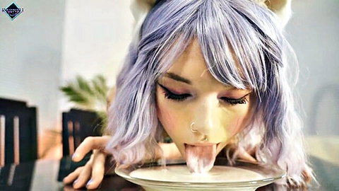 Blue Love cat girl licks daddy's ass creampie from bowl, POV fetish