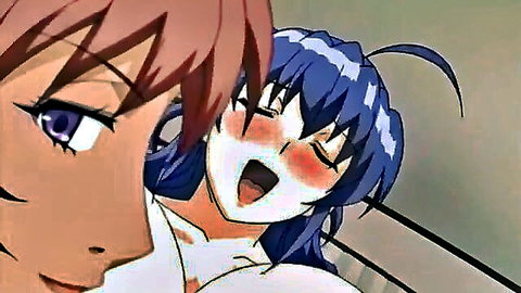 Anime blue-haired girl moaning in ecstasy close to red-haired partner