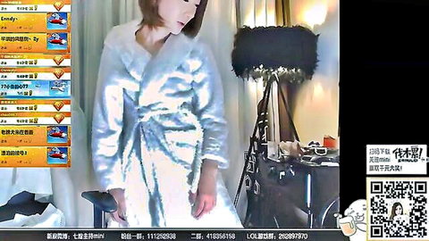 Chinese webcam girl posing in sexy white fluffy robe teasing on live cam