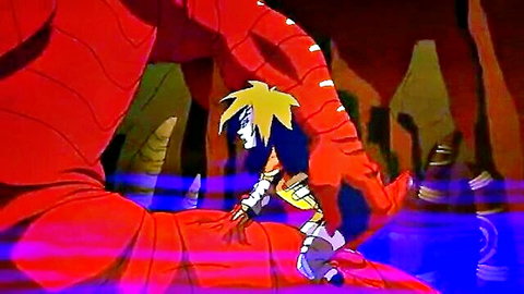 Animated blonde girl in sci-fi suit confronted by giant red dragon monster